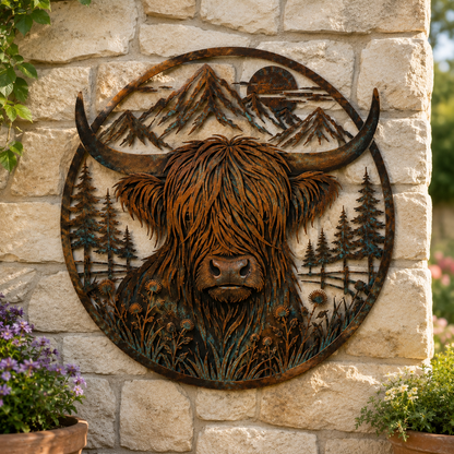 🐂Highland Cow Mountain Scene Metal Wall🏔️