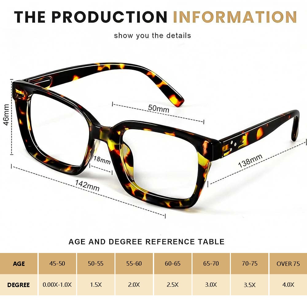👓3-pack sköldpaddsmönstrade läsglasögon - Blåljusblockerande, stora fyrkantiga läsglasögon
