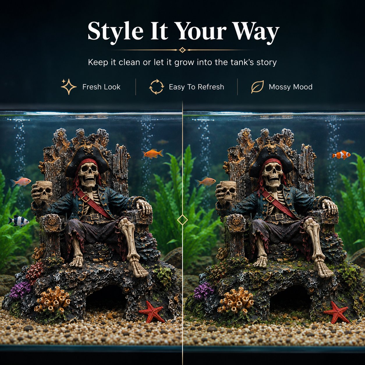 🌊☠️Underwater Pirate Skeleton Throne Aquarium Hideout Cave Decor