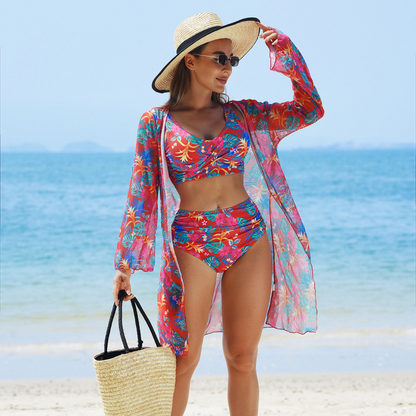 Moderiktigt 3-delat bikini-baddräktsset för kvinnor med flerfärgade tryck/Fashionable multi-coloured printed 3-piece bikini swimsuit set for women